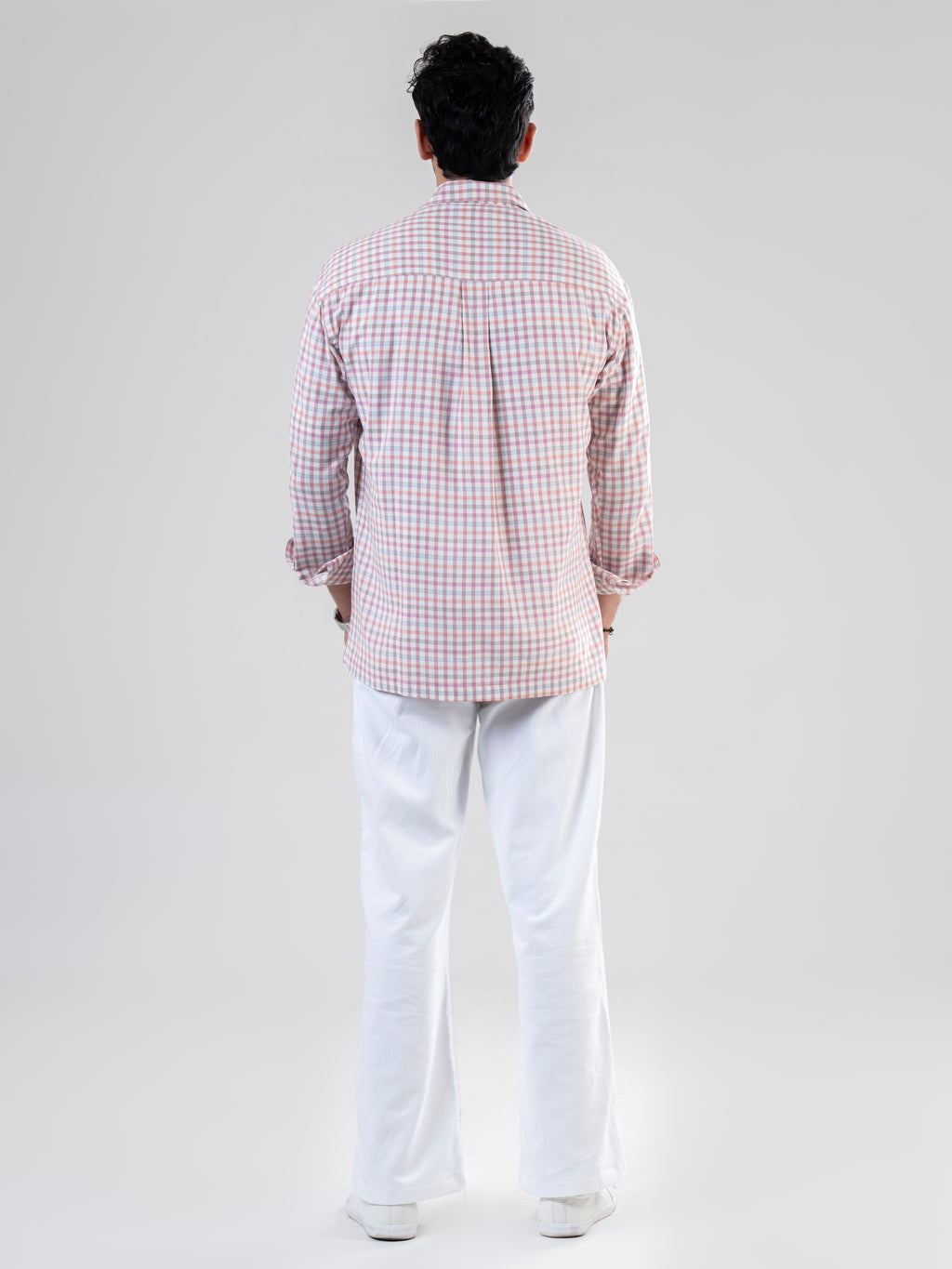 Peach Cotton Full Sleeve Checked Shirt | For Men