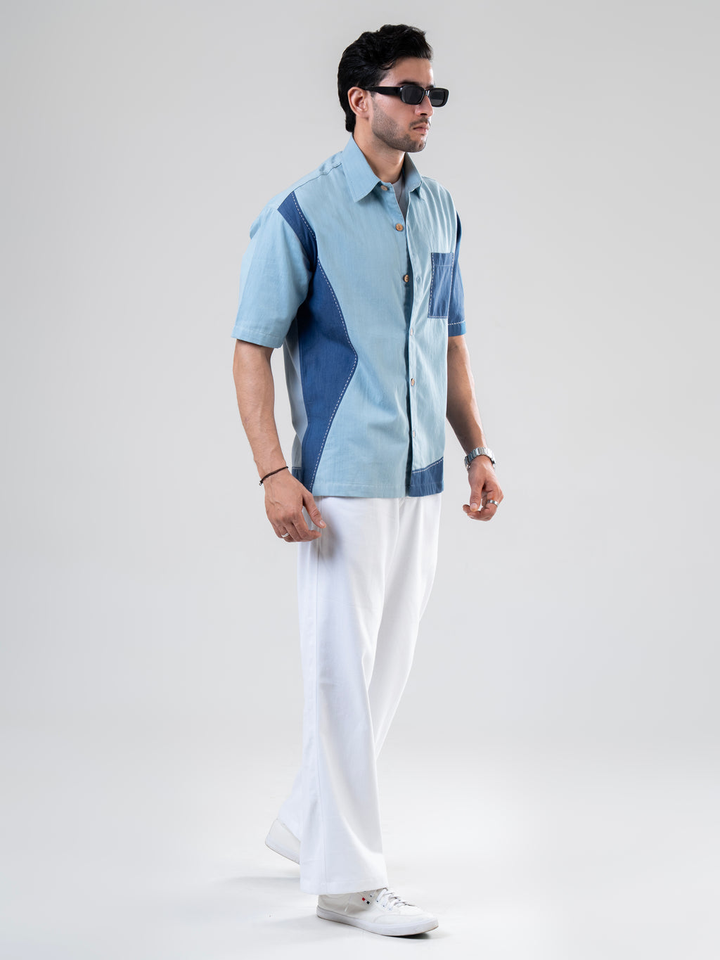 Blue Cotton Half Sleeve Patch work Shirt | For Men