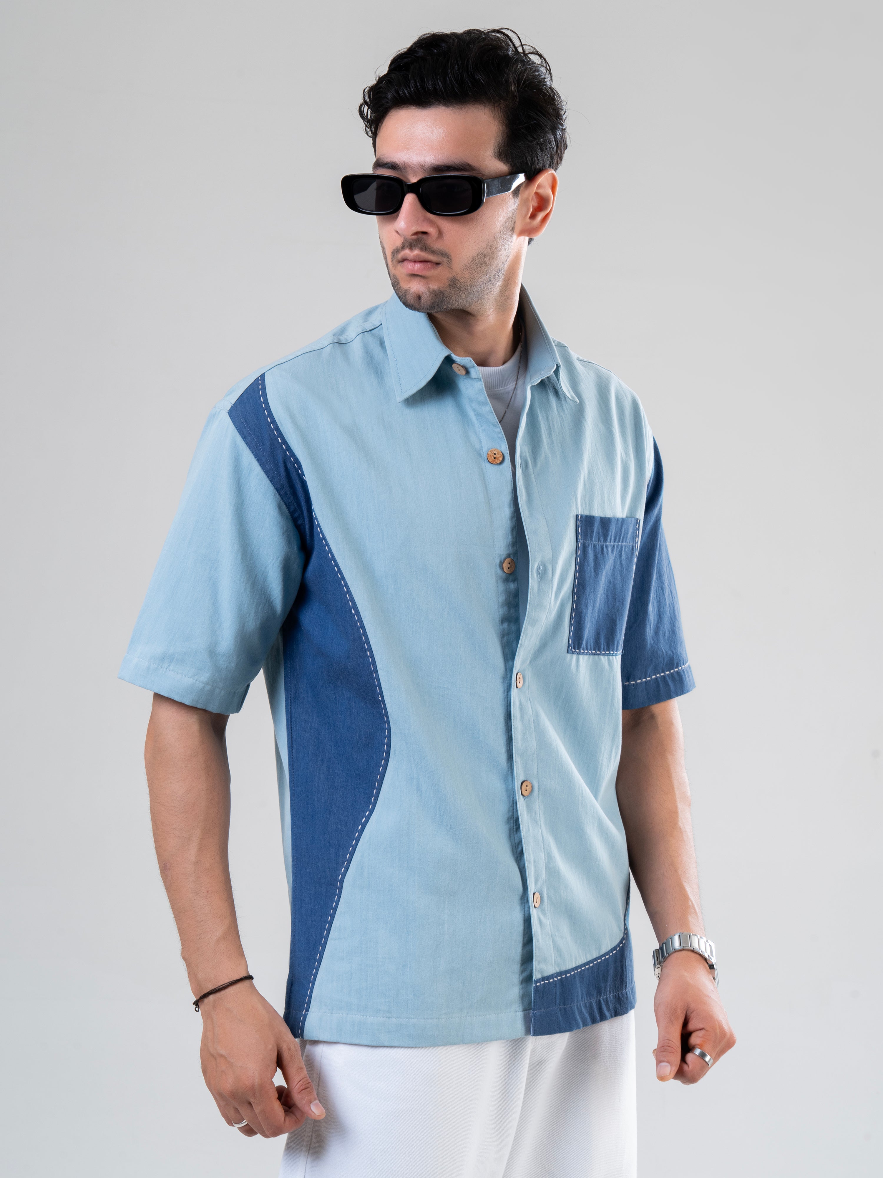 Blue Cotton Half Sleeve Patch work Shirt | For Men