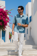 Blue Cotton Half Sleeve Patch work Shirt | For Men