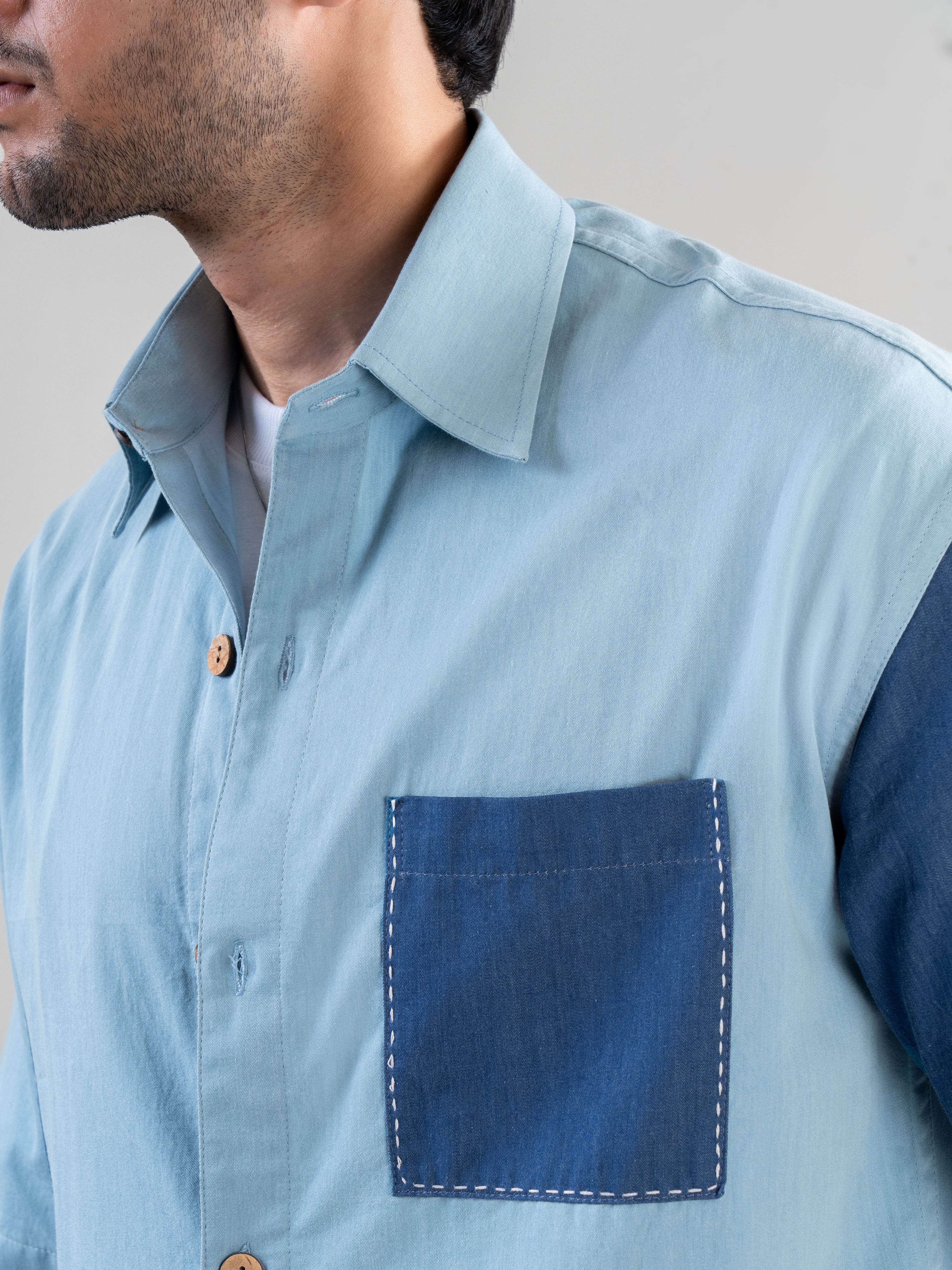 Blue Cotton Half Sleeve Patch work Shirt | For Men